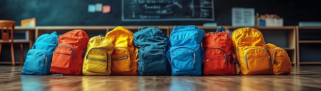 Photo colorful backpacks lined up in a classroom