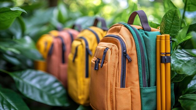 Photo colorful backpacks in lush greenery