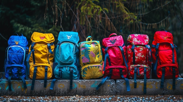 Photo colorful backpacks in outdoor setting