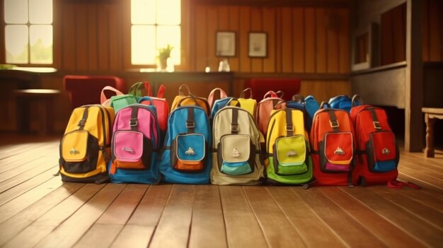 Colorful Backpacks on Wooden Floor