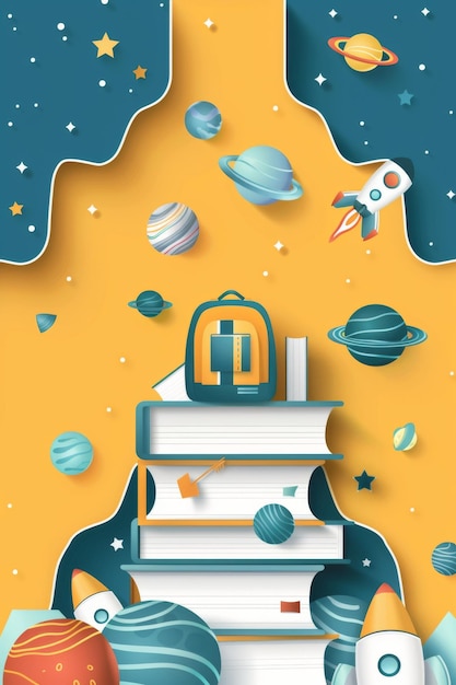 A colorful backtoschool web banner design with a school backpack stack of books planets and rockets Back to school