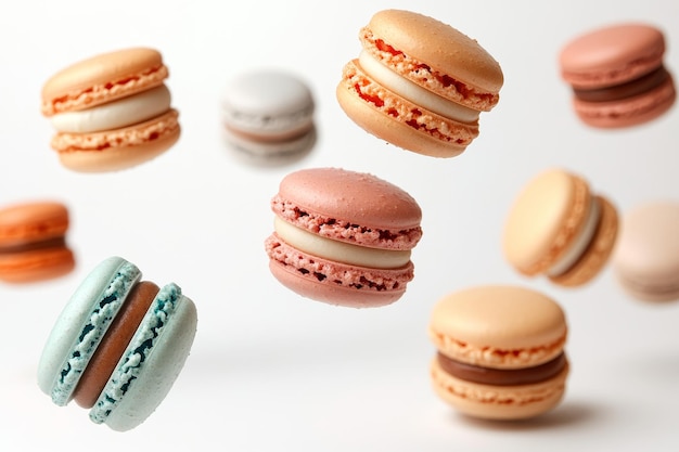 colorful baked macarons flying floating through the air white background no text ar 32 stylize 750 v