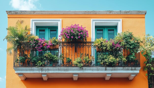 A Colorful Balcony With Flowers Plants and Wrought Iron Railing