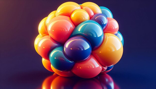 a colorful ball made of glass balls sits on a reflective surface