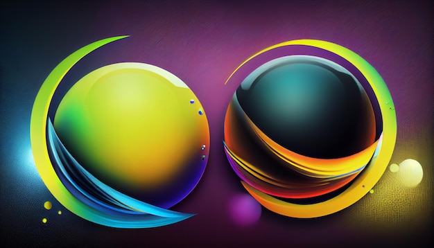 A colorful ball with a black background and a yellow and green sphere with the word " on it. "