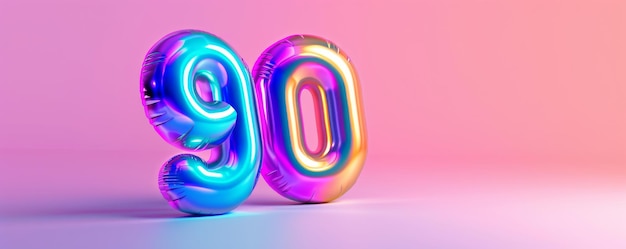 Photo colorful balloon number 90 on pink and blue gradient background celebration and anniversary concept