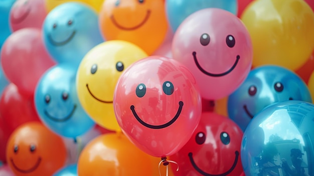 Photo colorful balloons adorned with playful emoticons