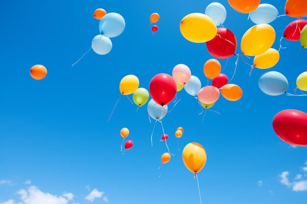 Colorful balloons against a bright blue sky