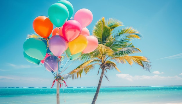 colorful balloons on a beach with a palm tree in the background