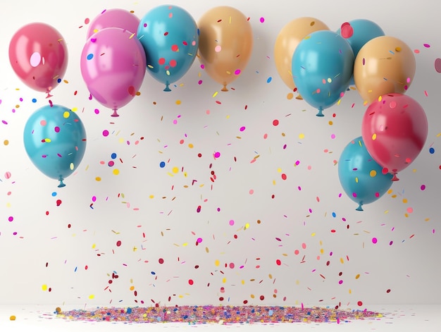 Photo colorful balloons and confetti scattered on white background perfect for celebration and party themed designs