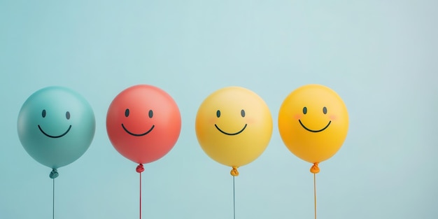 Photo colorful balloons featuring smiley faces against a light backdrop perfect for joyful celebrations and festive occasions