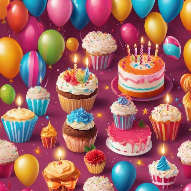 Colorful balloons float around a birthday cake and cupcakes in this vector illustration