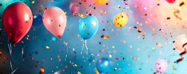 Colorful balloons floating in the air with falling confetti on a blue background