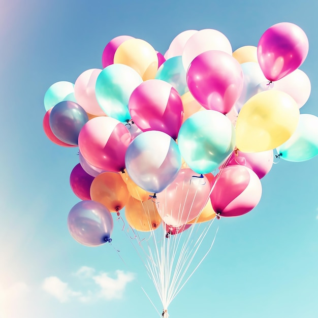 colorful balloons floating in the sky with the sun shining through them