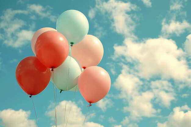 Colorful balloons flying in the sky with clouds in a retro style with a pastel tone in a vintage