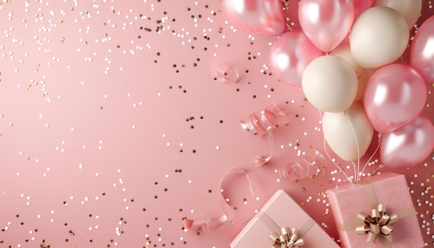 Photo colorful balloons and gifts surrounded by glitter on pink background for celebration