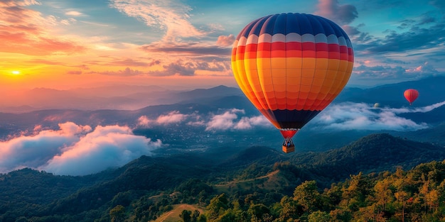 Photo colorful balloons hovering over the mountains at dawn against a background of blue sky and greenery