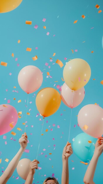 Photo colorful balloons lifted towards the sky with confetti falling during a joyful celebration on a sunny day