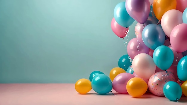 Colorful balloons on pastel blue background Party background with copy space Generative AI