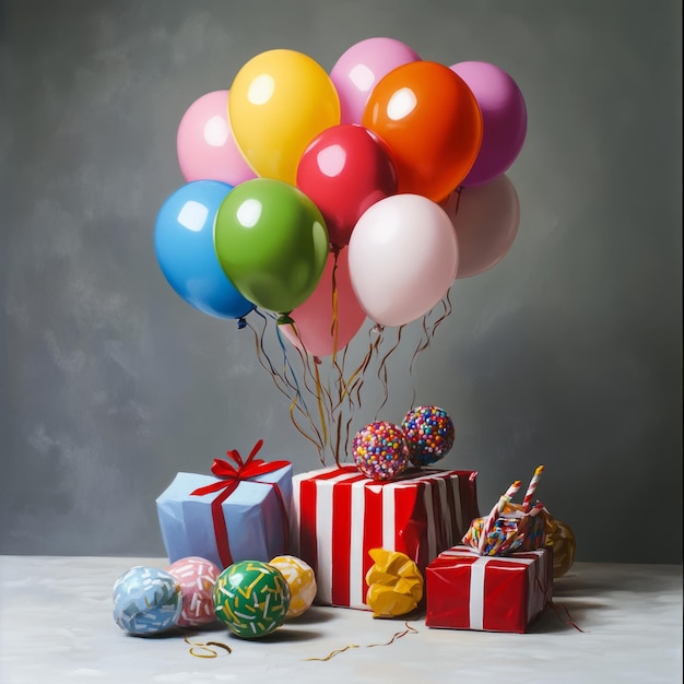 Photo colorful balloons presents and candy balls on a white surface against a gray background