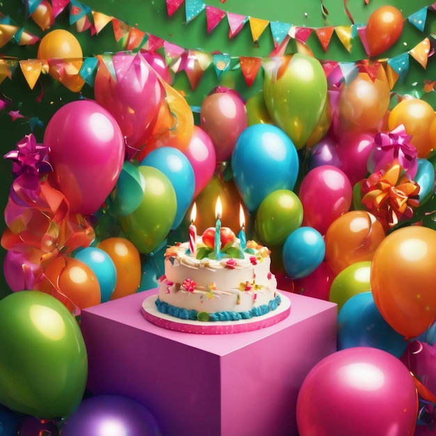 Colorful balloons surround a pink stand holding a birthday cake with lit candles