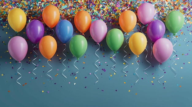 Photo colorful balloons with confetti and confetti on a gray background