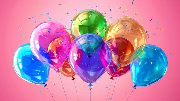 Colorful balloons with confetti on pink background for birthday party or wedding sessions