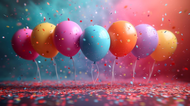 colorful balloons with confetti and streamers in the background