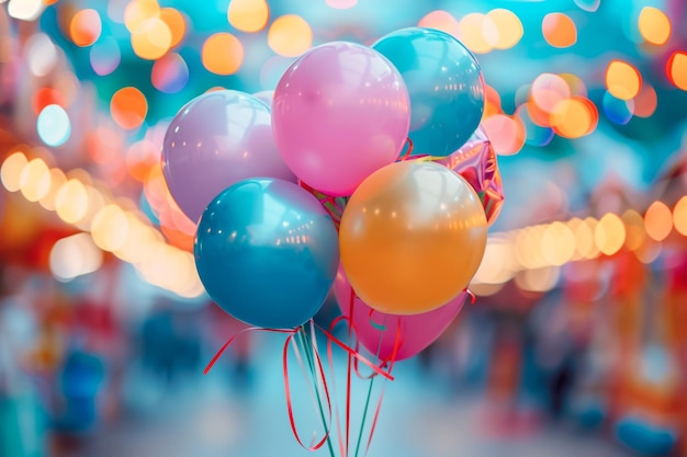 colorful balloons with a ribbon tied to the top of them