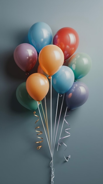 Photo colorful balloons with ribbons on gray background