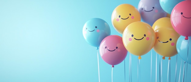 Colorful Balloons with Smiling Faces on Blue Background