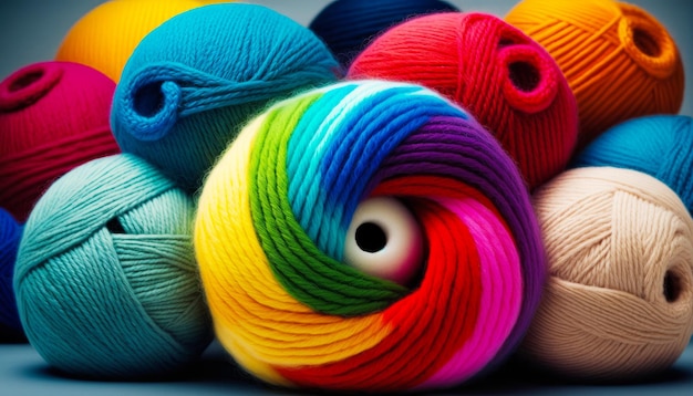 Colorful balls of yarn on gray background Generative AI