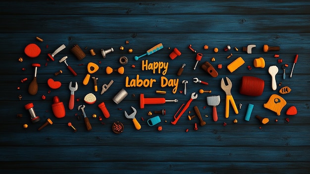 Colorful Banner Reading Happy Labor Day with Illustrations