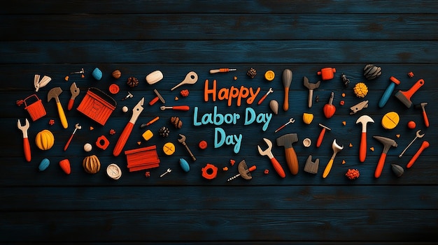 Photo colorful banner reading happy labor day with illustrations