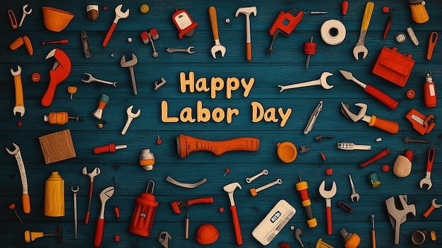 Colorful Banner Reading Happy Labor Day with Illustrations