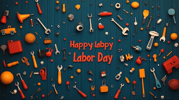 Colorful Banner Reading Happy Labor Day with Illustrations