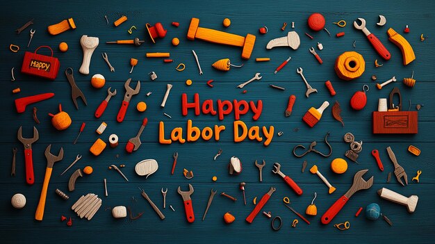 Colorful Banner Reading Happy Labor Day with Illustrations