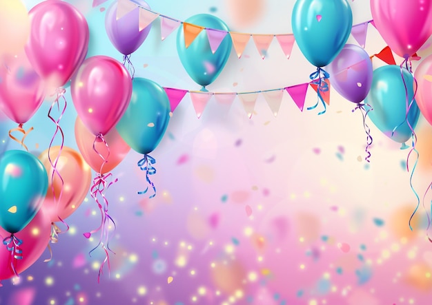 a colorful banner with balloons and a banner that says happy birthday