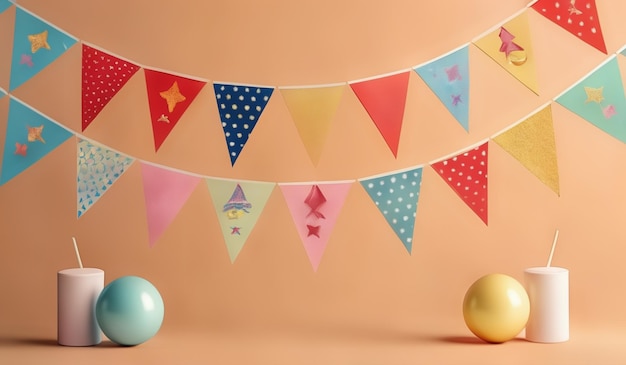 a colorful banner with a blue ball and a yellow ball with the words happy birthday on it