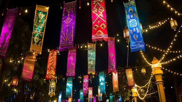 colorful banners hanging in a dark night sky with a string of lights hanging from it