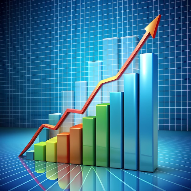 Colorful bar graph with upward trend arrow