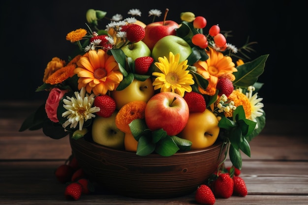 Colorful basket overflowing with fresh fruits and vibrant flowers Generative AI