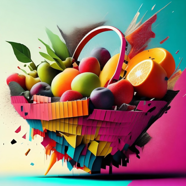 A colorful basket with a bunch of fruit in it