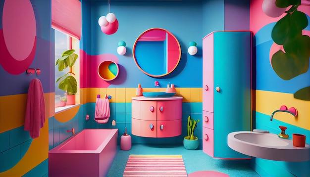 A colorful bathroom with a sink, a mirror, a plant and a plant.