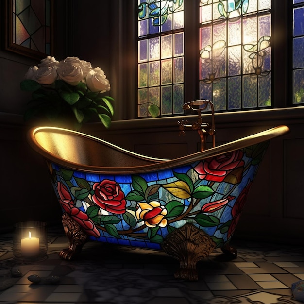 Photo a colorful bathroom with a stained glass window and a sink with a stained glass window behind it