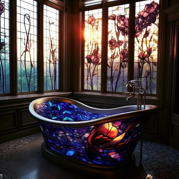 Photo a colorful bathtub sits in front of a window with the sun shining through