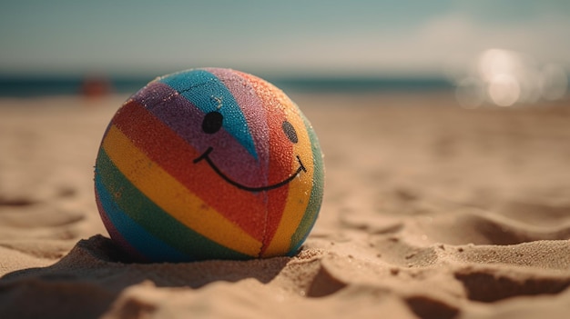 A colorful beach ball with a smiley face sits on a beach.