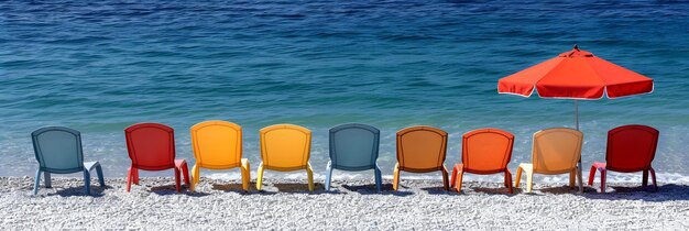 Photo colorful beach chairs under a bright umbrella