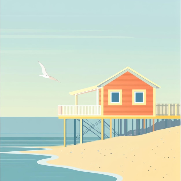 Photo a colorful beach house on stilts with a seagull flying overhead