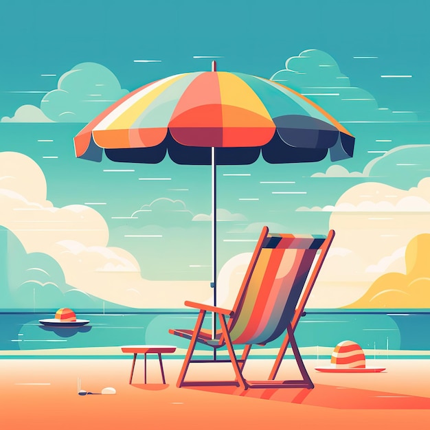 A colorful beach scene with a beach chair and umbrella.